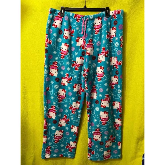 Hello Kitty Plush Holiday Winter Pajama Pants PJ Blue Sanrio XL drawstring - Picture 1 of 5